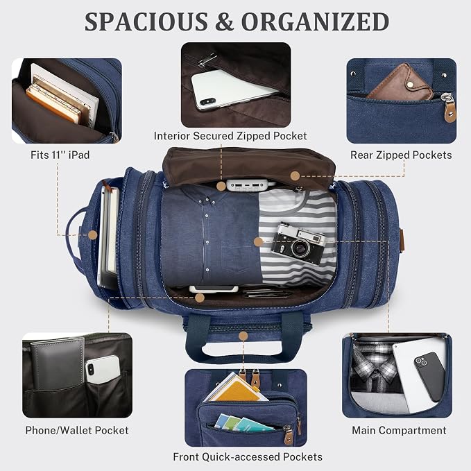 Gonex Canvas Duffle Bag, Expandable 60L Travel Overnight Weekender Bag | for Men, with Shoe Compartment, Multiple Pockets, Tear-Resistant, Durable Zippers, Detachable Strap, Blue - Image 5