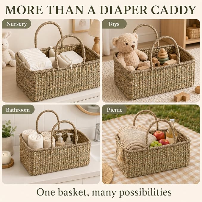 Premium Wicker Baby Diaper Caddy Organizer, Woven Seagrass Basket with Handles, Diaper Basket with Dividers (Rectangle) - Image 5