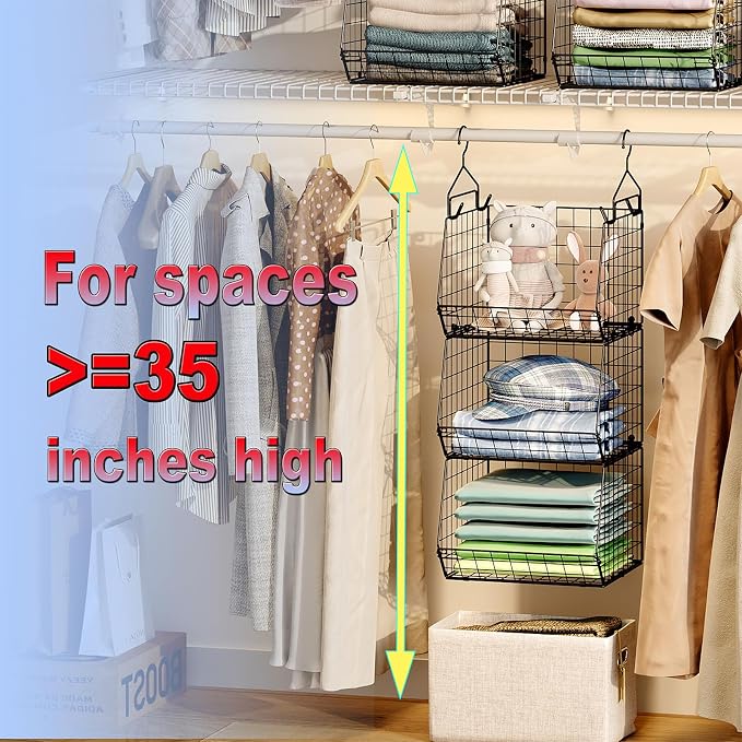 X-cosrack 3-Tier Hanging Closet Organizer, Laundry Room Organization | Space Saving Shelves with 1.65" Hook & 5 S-Hooks | Hanging Wire Baskets (12.4" W x 8.8" H x 10.24-11.8" D) - Image 5