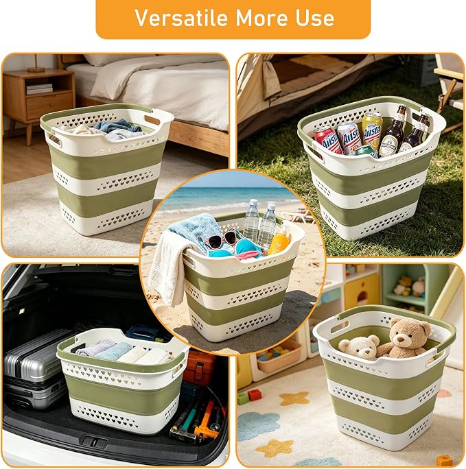 2 Pcs 42L/11.2 Gal Collapsible Laundry Basket - Foldable Plastic Pop Up Hamper with Handles, Space-Saving Storage Organizer for Wet & Dry Clothes, Ideal for Home, Dorm and Apartment Use Green - Image 7