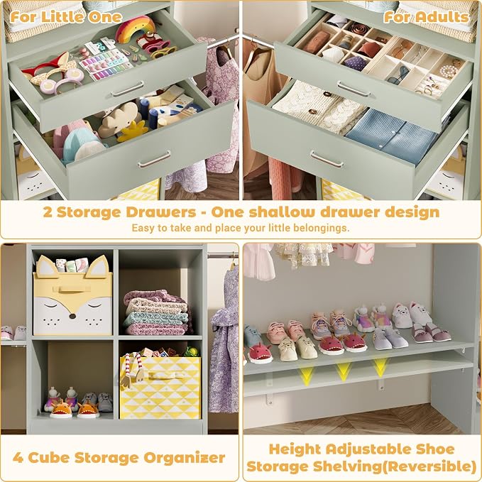 Besiost Closet System - 8FT Closet Organizer System with Wooden Drawers, 96" Closet Systems for Walk-In Closets with Cuttable Hanging Shelving, Green - Image 7