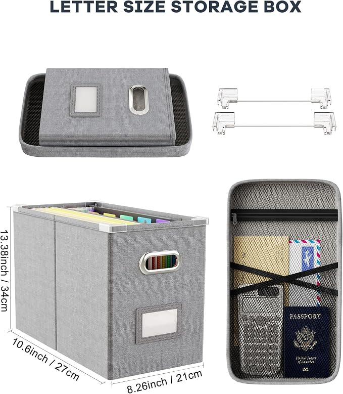 Hanging Filing File Box with Mesh Pocket, File Organizer Box with Lid, Collapsible Document Organizer Box for Letter Size, Easy Slide Durable Storage Box for Office/Decor/Home (2 PCS, Grey) - Image 2