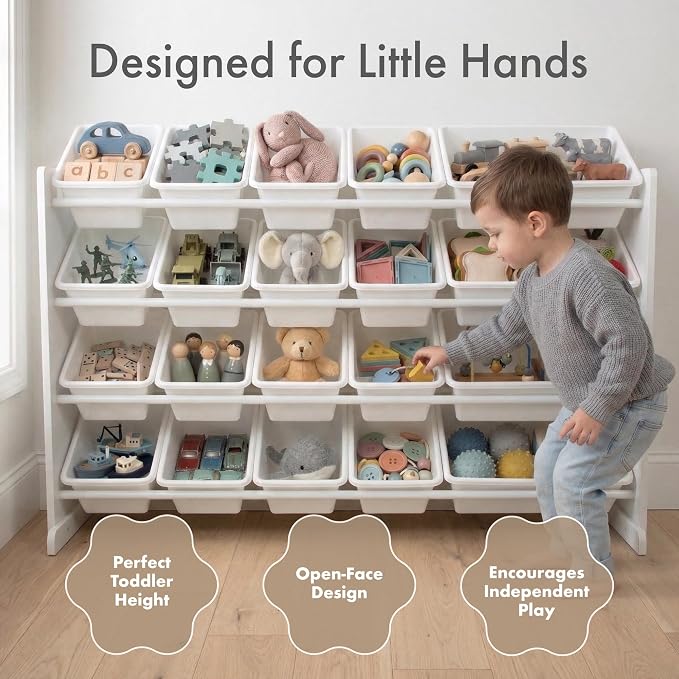 Humble Crew Kids Toy Organizer with 20 Bins, 4 Tier Storage for Playroom | Sturdy wood and steel toddler shelf, removable BPA-free containers, wall anchor anti-tip safety kit for bedroom or classroom - Image 2