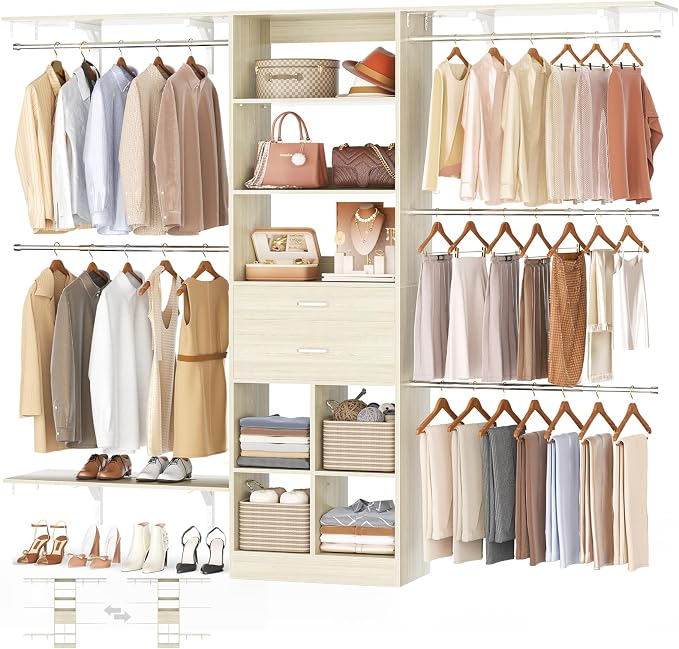 Besiost Closet System - 8FT Closet Organizer System with Wooden Drawers, 96" Closet Systems for Nursery & Walk-In Closets with Cuttable Hanging Shelving, Greige Oak by Besiost