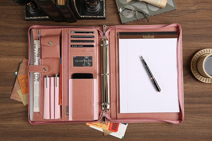 Pink Leather Padfolio for Women, Business Leather Binder 3 Ring Portfolio, Personalzied Leather Portfolio Binder, Zippered Portfolio Organizer for A4 Letter Size Notepad & 13-inch Laptop/Tablet - Image 5