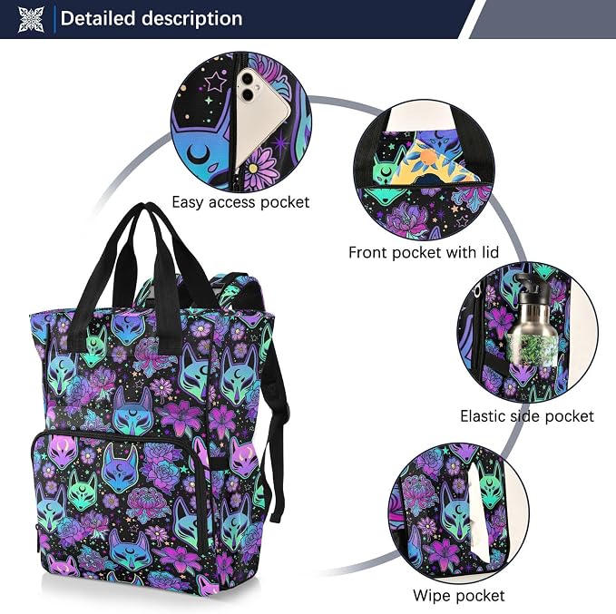Mnsruu Diaper Bag Magic Purple Fox Camellia Large Changing Backpack Multifunction Travel Tote Mommy Bag Baby Diaper Backpack for Mom Dad - Image 2