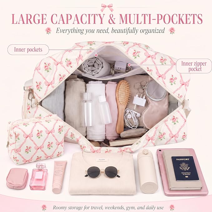 Abbylike Hospital Bag for Women, Quilted Weekender Duffle Bag,Rose - Image 4