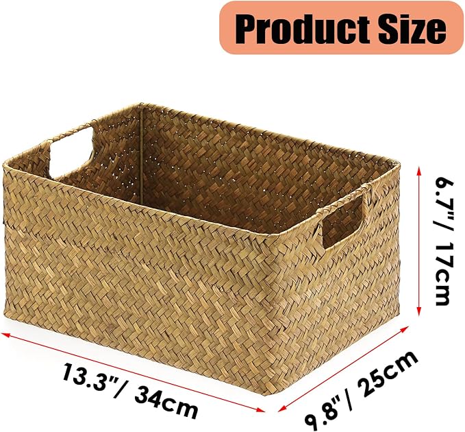 Hipiwe Seagrass Storage Basket Bin Rectangular Handwoven Wicker Storage Box with Handle Opened Baskets Box for Shelf Organizing Closet Bathroom, Caramel, Medium - Image 3