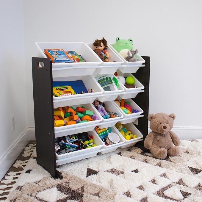 Humble Crew Kids Toy Organizer with 12 Bins, 4 Tier Storage for Playroom | Sturdy wood and steel toddler shelf, removable BPA-free containers, wall anchor anti-tip safety kit for bedroom or classroom - Image 2