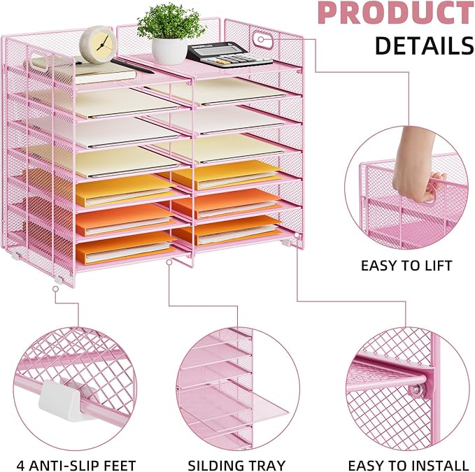 Marbrasse Desktop Literature Organizer, 12 Compartments Mesh Paper Organizer Desk Organizers, Adjustable File Sorter Mail Center Paper Storage Cabinet Classroom Mailbox for Office Home School, Pink - Image 5