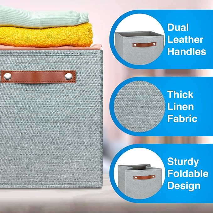 11 Inch Cube Storage Bin - 6 Pack - Linen Fabric 11x11 Cube Storage Bins for Bedroom, Living Room, Clothes and Toys; Foldable, Dual Leather Handles - Image 4