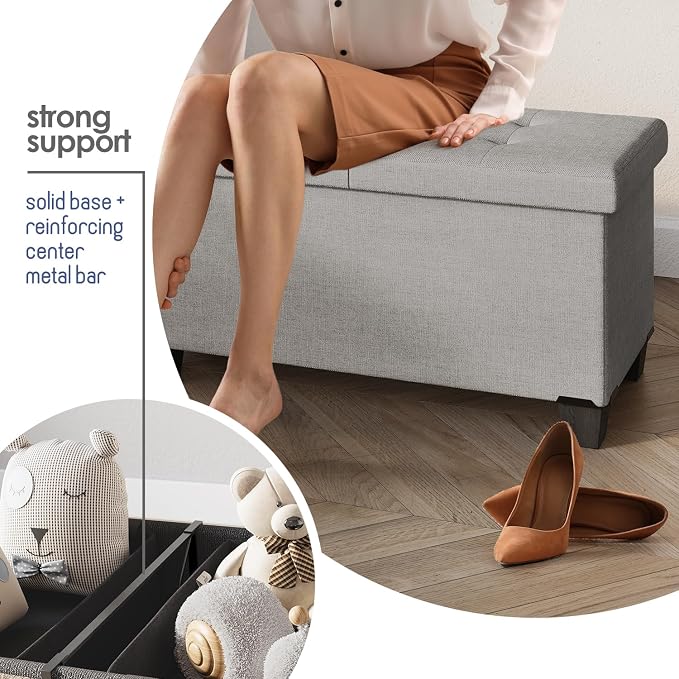 Storage Ottoman Bench with Bins, 43-in Storage Bench for Bedroom End of Bed, Folding Foot Rest Ottoman for Living Room Max 660lbs, Fabric Ottomans, Light Grey - Image 5