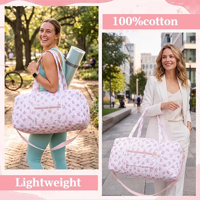 Dansydaisy Quilted Weekender Bag for Women with Makeup Pouch, Pink Floral | Large Duffle Bag, Trolley Compartment & Zipper Pocket, Adjustable Carry Strap, for Mommy Dancers Travel Gym Hospital - Image 6