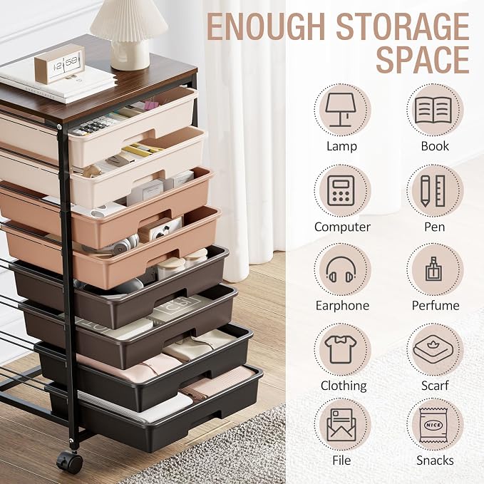 TOOLF Rolling Storage Cart with 8 Drawers,Brown | Utility Cart on Wheels with Wooden Tabletop,Teacher Organization for Classroom, Art Cart for Office,Bedroom,Craft Room - Image 8