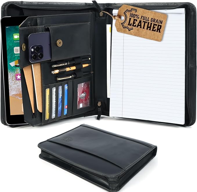 Leather Portfolio for Men, Portfolio Organizer with Zipper for Men Women, Leather Padfolios Business Resume Legal Pad Notebook Binder for A4/Pad (Black) by FINETOUCHLEATHERS