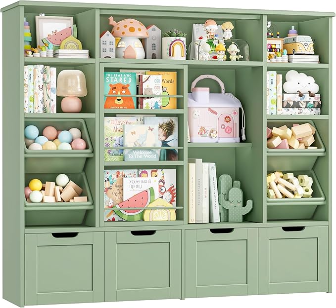 Toy Storage with Sliding Bookshelf, Toy Organizer with 4 Bins | 55.1’’ W Large Toy Storage Organizer Kids Bookshelf with 4 Movable Drawers, Toy Bins Playroom Storage for Kid Room, Green by finetones