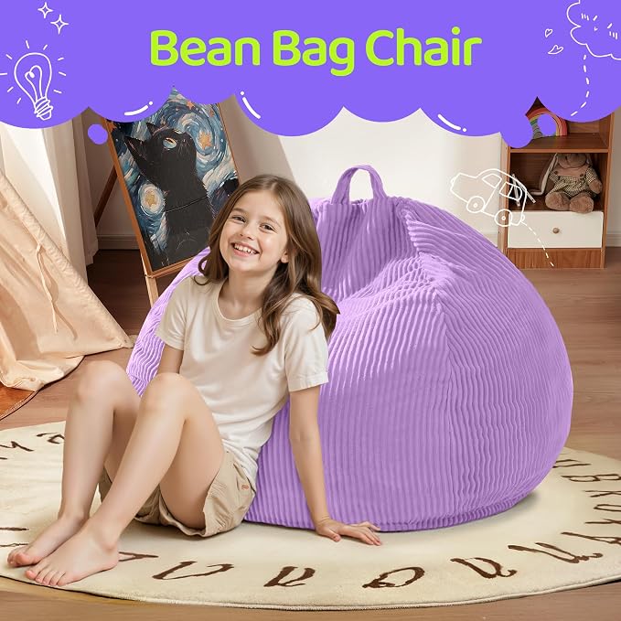 2.5FT Bean Bag Chair,Teardrop Bean Bags with Memory Foam Filled | Beanbag Chairs with Handle,Teardrop Bean Bag Sofa with Corduroy Machine Washable Cover for Living Room,Bedroom-Purple - Image 3