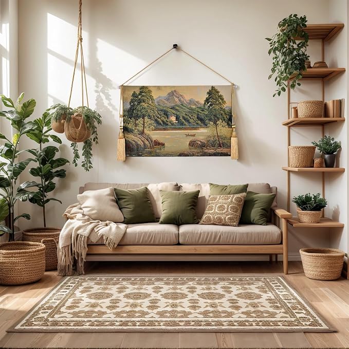 Vintage Nature Tapestry Wall Hanging Set with Telescopic Rod & Tassels - Jacquard Woven Fabric Aesthetic Country Landscape Wall Tapestry for Bedroom/Living Room Decor Green Art (42"x27") (Earthy - greens, lake scene with boat and hills) - Image 2