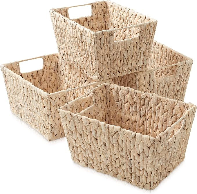 Casafield Set of 4 Water Hyacinth Storage Baskets with Handles - Whitewash White, Woven Storage Bins for Shelves, Blankets, Laundry Organization - Image 7