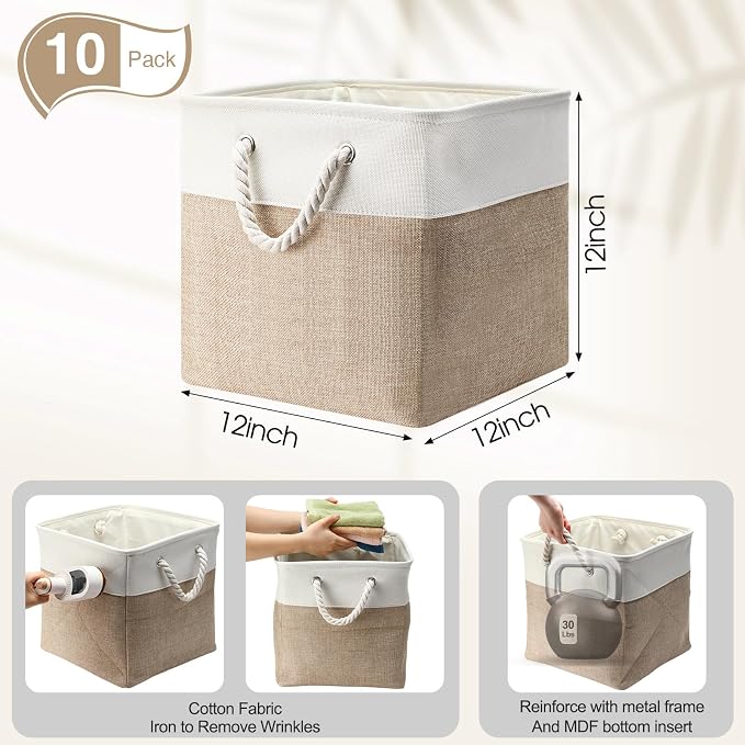 FoldTier 10 Pack Large Collapsible Fabric Storage Baskets with Handles Decorative Storage Bins for Organizing Shelves Toys Clothes(White & Beige,12 x 12 x 12 Inches) - Image 2