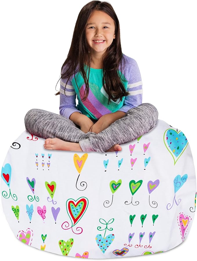 Posh Stuffable Kids Stuffed Animal Storage Bean Bag Chair Cover - Childrens Toy Organizer, Large-38 - Canvas Multi-Colored Hearts on White by PoshCreations