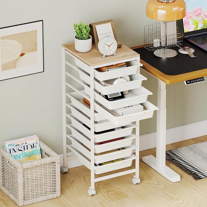 GOFLAME 10-Drawer Rolling Storage Cart, Craft Storage Cart with Wooden Tabletop and Lockable Wheels, Art Cart Supply Storage Organizer with Metal Frame for Home Office Classroom, White - Image 9