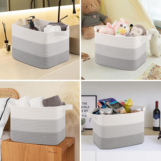 OIASKET Storage Baskets for Organizing, Woven Baskets for Shelves, Rectangle Decorative Organizer for Storage Clothes, Toy, Books, Towels Nursery Bins 3 Pack (Gradient Grey, 14.17"x9.85"x9.45") - Image 5