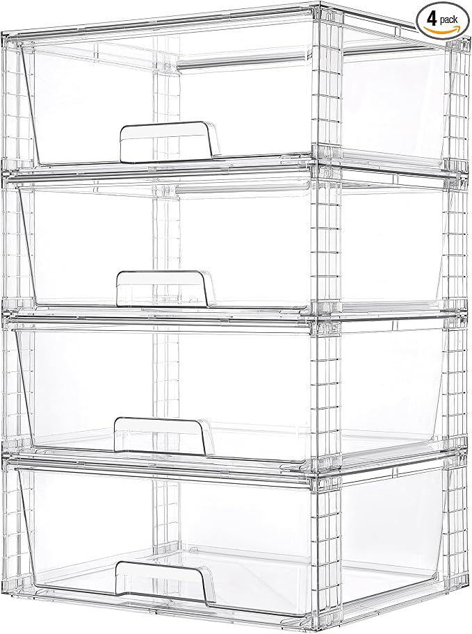 Vtopmart 4 Pack Large Clear Stackable Storage Drawers for Closet, Pantry | Easily Assemble Bathroom Closet Undersink Organizers,Plastic Bins for Cabinet,Kitchen Pantry,Medicine Organization by Vtopmart