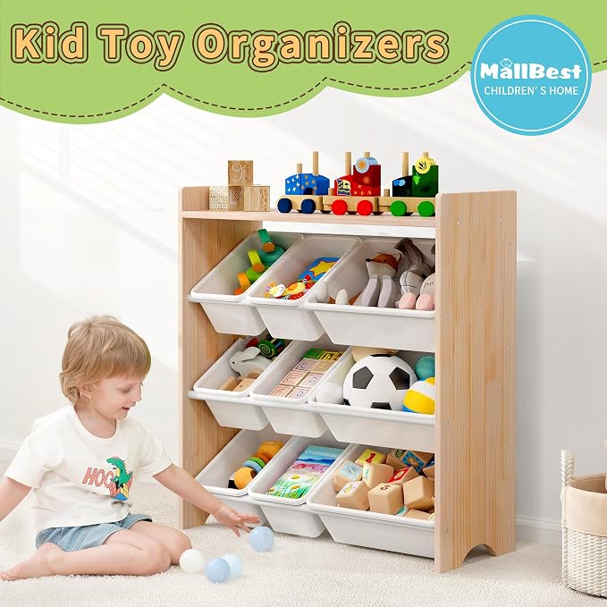 MallBest Kids Toy Organizer with 9 Bins – 4-Tier 100% Solid Wood Storage Shelf for Playroom or Nursery, Natural Wood Kids Storage Cabinet - Image 4