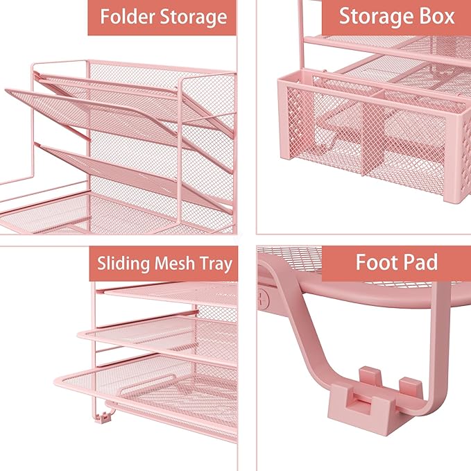 Simple Trending 7 Tier Desk File Organizer, Letter Tray Paper Organizer with Pen Holder and Metal Hanging Basket, Pink - Image 4