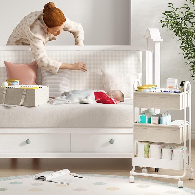 2In1 Baby Diaper Caddy Organizer with Dividers,3-Tier Diaper Rolling Cart,Mobile Metal Utility Cart for Baby Nursery,Baby Bedside Cart, Large Capacity - Image 6