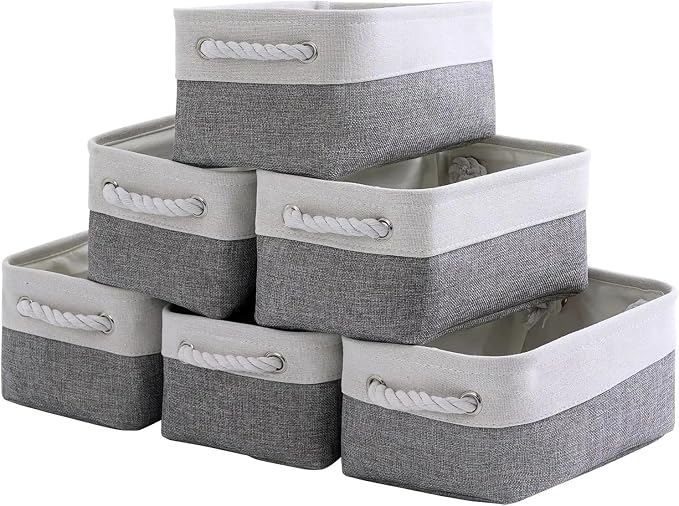 TcaFmac Small Storage Baskets for Shelf 6 Pack Canvas Storage Basket with Handles Fabric Storage Basket for Organizing Storage Bin (White and Grey, 12x8x5") by TcaFmac