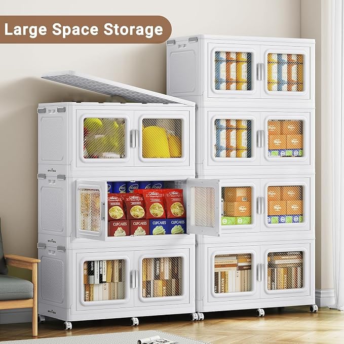 BROVIEW 300 Qt Extra Large Stackable Storage Bin with Lid, 1 Pack White | 75Gal Extra Large, Collapsible Storage Boxes with 1 Lid, Folding& Rolling Plastic Drawer, Heavy-Duty Cabinet Organization - Image 3