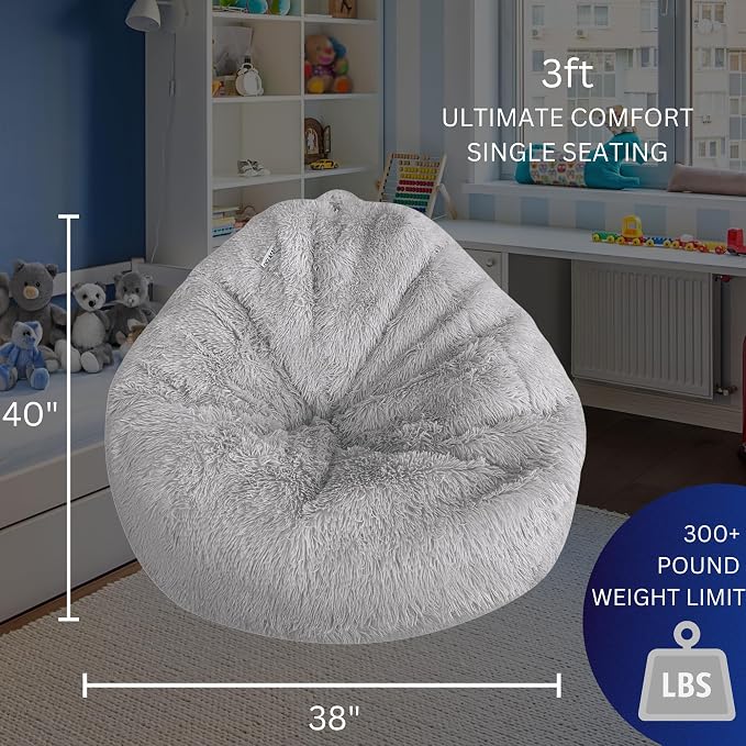 Bean Bag Stuffed Animal Storage Chair Cover (No Filler) for Kids and Adults. Extra Large Bird's Nest Beanbag Memory Foam Soft Premium (Light Grey (Faux Fur), 3ft (Cover Only)) - Image 3