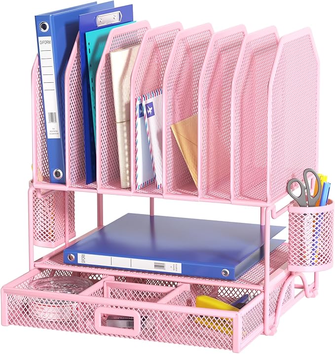 FANXIYQ Metal Desk Organizer with Sliding Drawer, 7-Section File Organizer for Desk, Desktop File Folder & Paper Organizer with 2 Hanging Pen Holders, Office Supplies Organizer, Pink by FANXIYQ