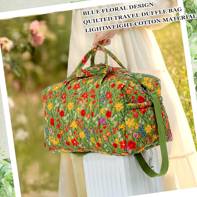 Dansydaisy Large Quilted Travel Duffle Bag for Women Floral Portable Gym Weekender Bag with Zipper Pockets Workout Grocery Pouch Duffle Gift Pouch for Work(Yellow Green Grassland) - Image 3