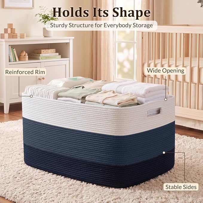 OIAHOMY 108L Extra Large Blanket Basket Dog Toy Basket Gradient Blue | Rectangle Woven Baskets for Storage Cotton Rope Basket For Living Room Toy Storage Blanket Storage Laundry Basket - Image 4