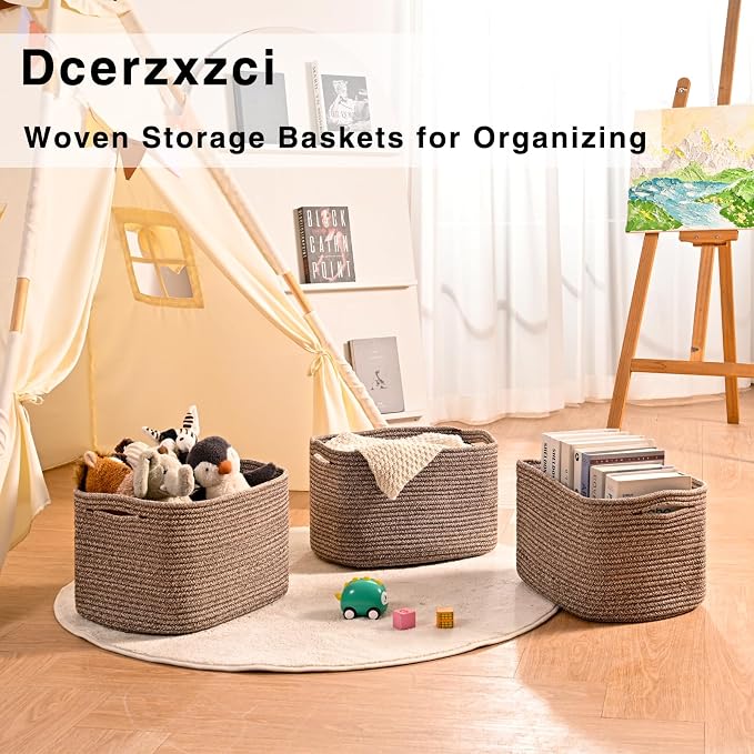 Storage Baskets for Organizing Shelves, Woven Cotton Rope Bins for Organization, Dog Toy Organizer for Shelf Living Room Bedroom, 14.8"×11"×9.5", Pack of 3, Dark Brown - Image 6