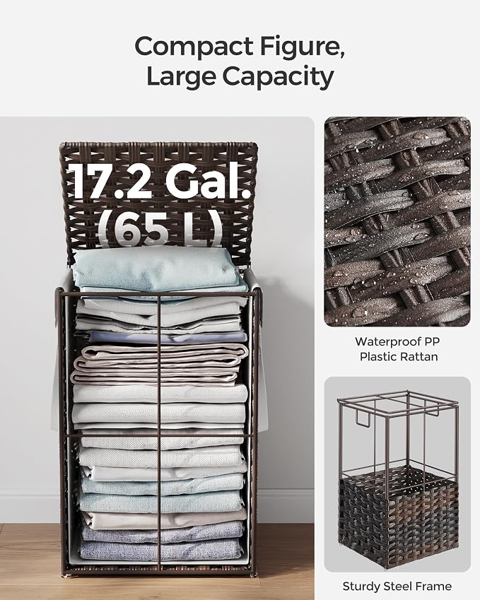 SONGMICS Laundry Hamper with Lid, 17.2 Gallon (65 L) Synthetic Rattan Clothes Laundry Basket with Lid and Handles, Foldable, Removable Liner, Chestnut Brown ULCB165K01 - Image 5