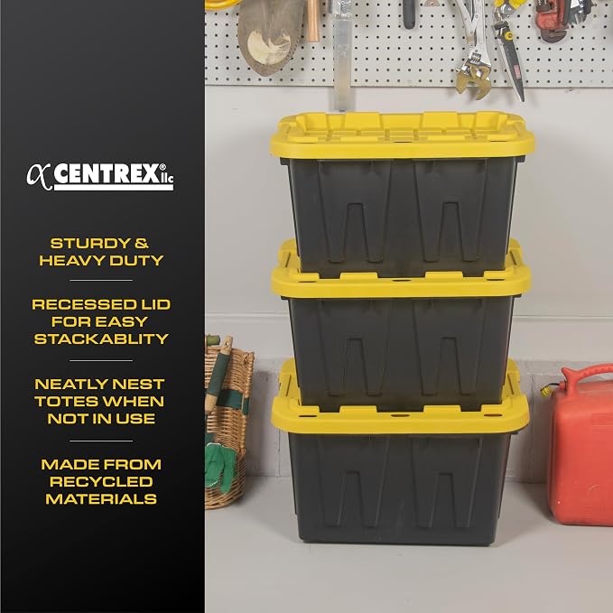 CX Heavy Duty 12-Gallon Stackable Plastic Storage Bins with Lids, 6 Pack | Storage totes for garage organization, Stackable containers, weather-resistant, snap lid, 12.5H x 16.3W x 21.8D, Black/Yellow - Image 2