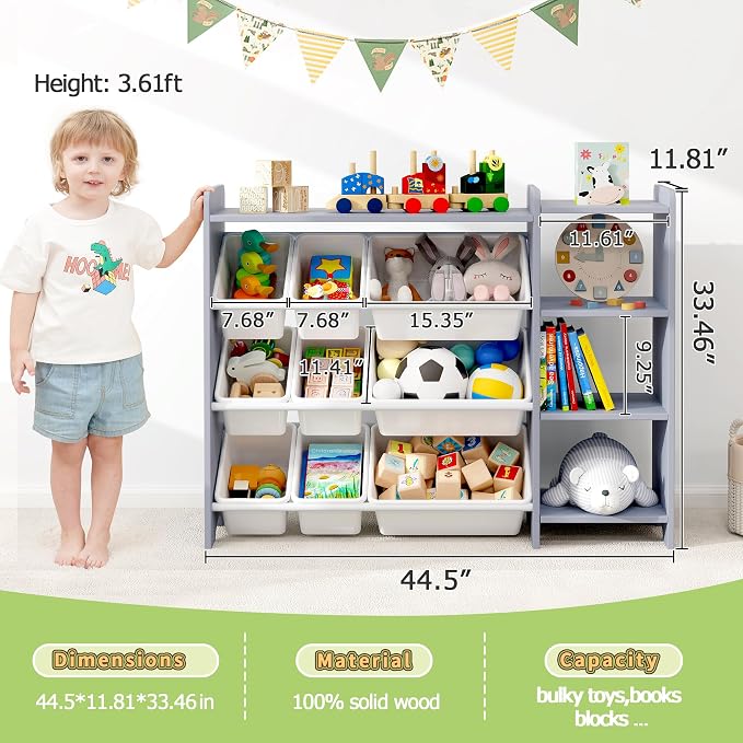 MallBest Kids Toy Storage Organizer with Bins, Solid Pine Wood Frame Toy Storage Cabinet and Kids Bookshelf, 3-Tier Playroom Organizer for Kids Room, Nursery and Bedroom,Grey-Single - Image 3
