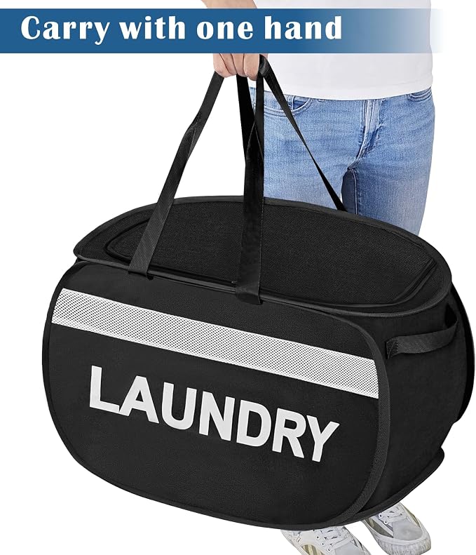 Large Collapsible Laundry Baskets Pop Up Laundry Hamper with Reinforced Handles Foldable Laundry Hamper for Home Laundry (Black Laundry with Lid) - Image 4