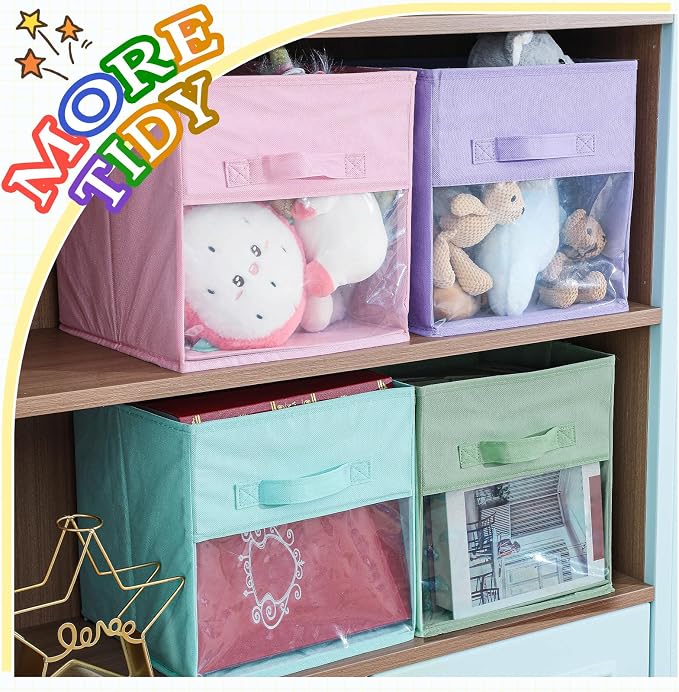 Marsui 12 Pcs Clear Cube Storage Bins Pink Collapsible Kids Storage Bins Fabric Classroom Organizer with Window for Kid Playroom Room Daycare Nursery(Pastel) - Image 5