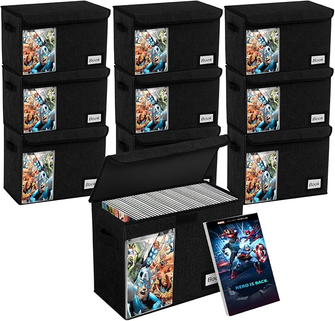 Display Collection Comic Book Storage Boxes, Protector Organizer 15.8" X 7.8" X 11.8" Collapsible Holds 160-180 Comic Book Heavy Duty Bin Container Holder Shelf, 10 PCS by YNSZAS