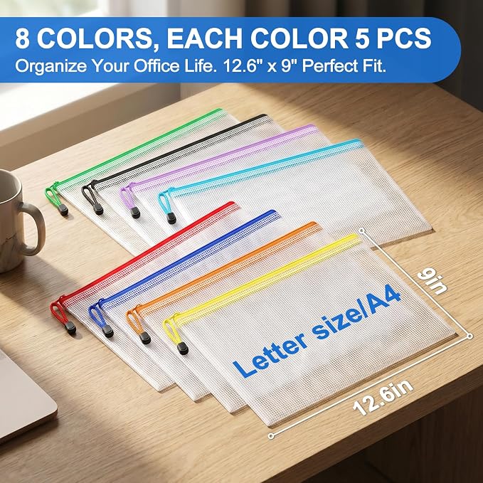 Jumlys 40 Pack Mesh Zipper Pouch Bags, A4 Mesh Bags with Zippers in 8 Color, Waterproof Zip File Folder Pouch for Organization Storage, Letter Size Zippers Bag for Classroom/Home/Office - Image 2