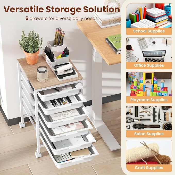 Giantex Rolling Storage Cart with 6 Drawers, Utility Cart w/Wooden Tabletop, Lockable Wheels, Multipurpose Organizer for Art Craft Books Paper, Drawer Carts for Dorm Classroom Office, White - Image 5