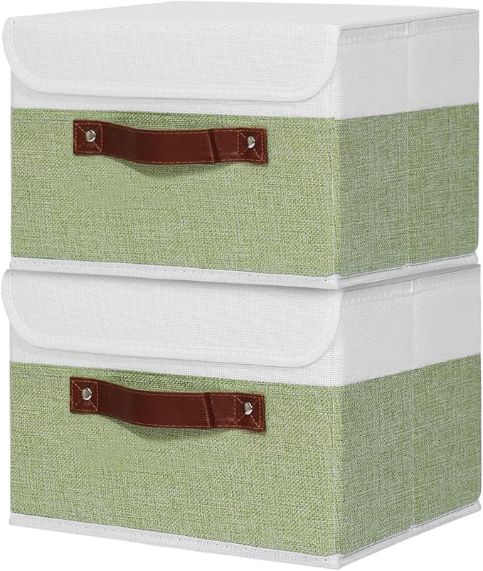 ANMINY Fabric Storage Box Bins with Lids, Green White, 13"x9"x7.9", 2 Pack | Keepsake Memory Storage, Cotton Linen, PP Board Reinforced, Washable, PU Handles, Foldable & Stackable, Decorative, Medium by ANMINY