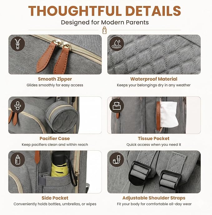 HAWILAND Diaper Bag Backpack for Mom Dad, Large Travel Baby Bag with Station, Lightweight Diaper Bag with Insulated Pockets & USB Changing Port, Grey - Image 7