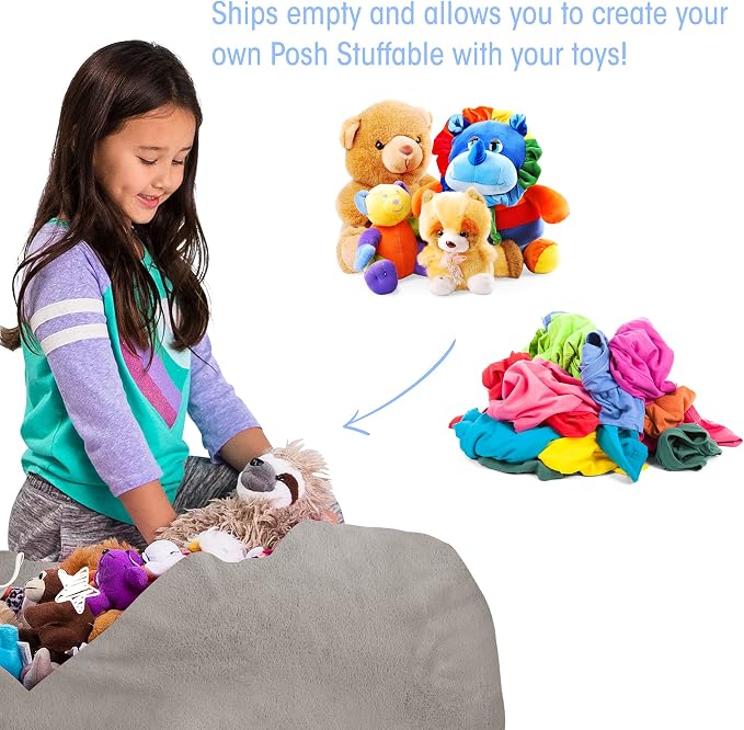 Posh Creations Stuffable Kids Stuffed Animal Storage Bean Bag Chair Cover - Childrens Toy Organizer, Large 38" - Soft Faux Rabbit Fur Gray - Image 3