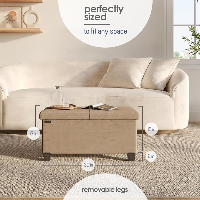 Storage Ottoman Bench with Bins, 30-in Storage Bench for Bedroom End of Bed, Folding Foot Rest Ottoman for Living Room Max 660lbs, Velvet Ottomans, Taupe - Image 9